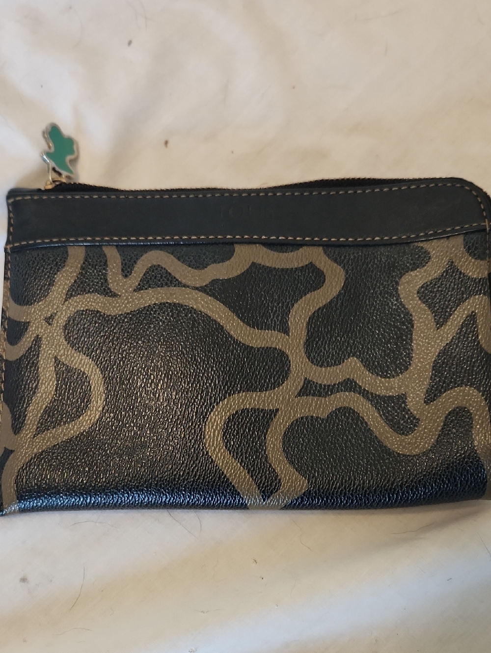 Tous Black Leather Trim and Taupe Patterned Wristlet